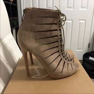 Tan Laced-Up Bootie Heels